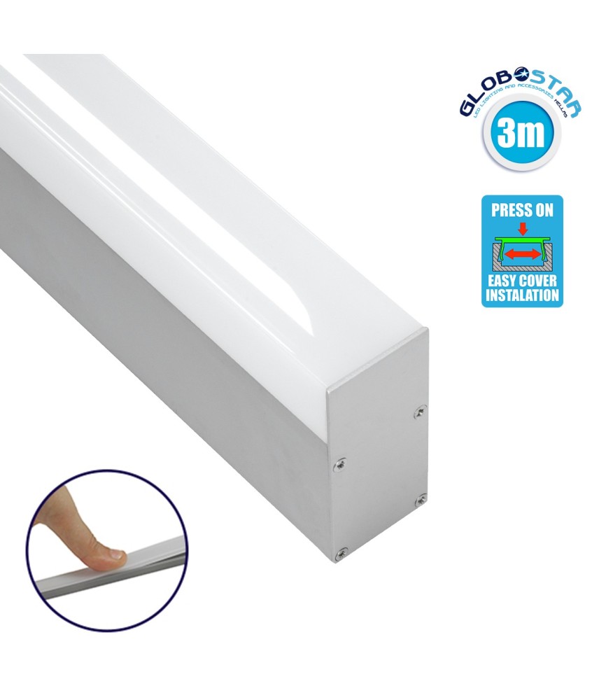 GloboStar® SURFACEPENDANT-PROFILE 70830-3M Προφίλ Αλουμινίου - Βάση & Ψύκτρα Ταινίας LED με Λευκό Γαλακτερό Κάλυμμα - Επιφανειακή & Κρεμαστή Χρήση - Πατητό Κάλυμμα - Ασημί - 3 Μέτρα - Μ300 x Π3.5 x Υ7.4cm